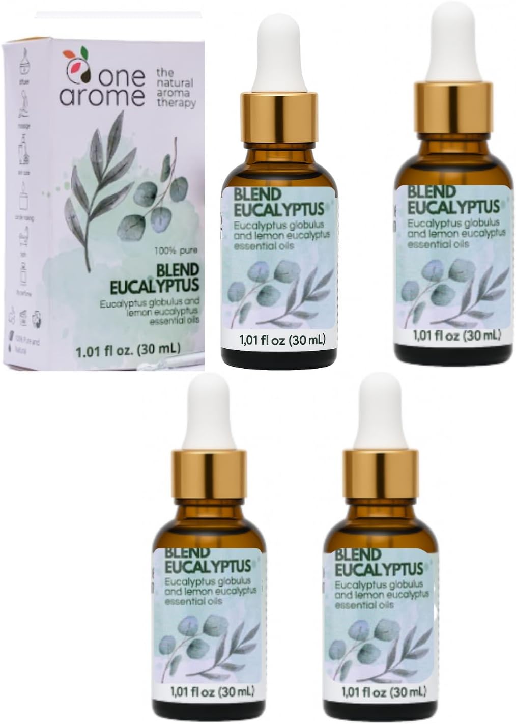 Dual Eucalyptus Essential Oil Blends by One Arome – Eucalyptus Oil (Corymbia Citriodora - Lemon & Eucalyptus Globulus) | Oil for Diffusers, Massage (Dilute) & DIY (Pack of 4 × 1.0 fl oz Each)