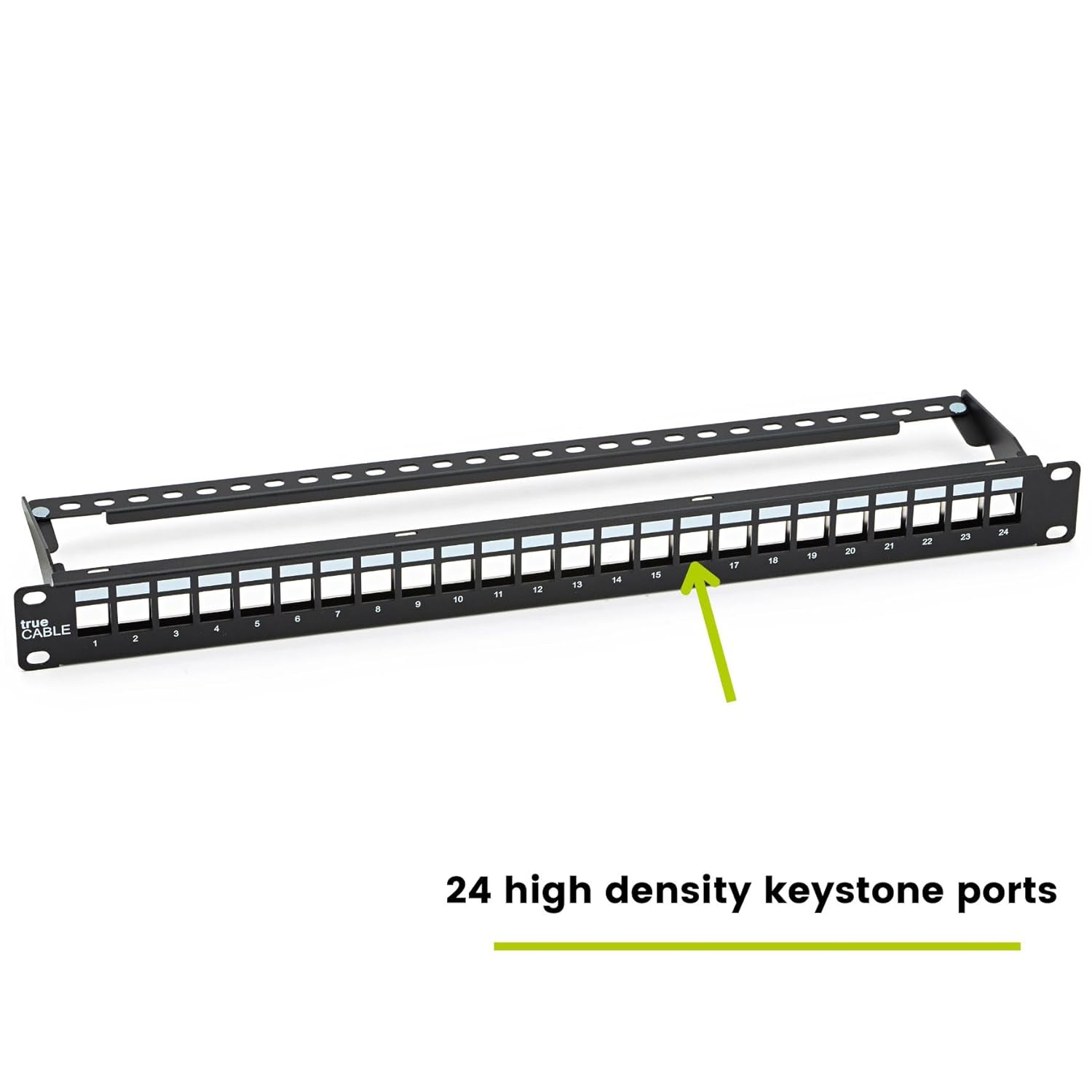 trueCABLE Shielded 24 Port 19” Toolless Modular Patch Panel, Blank, 1U Rack Mount, with Cable Management Bar and Ground Wire, High Density, Black