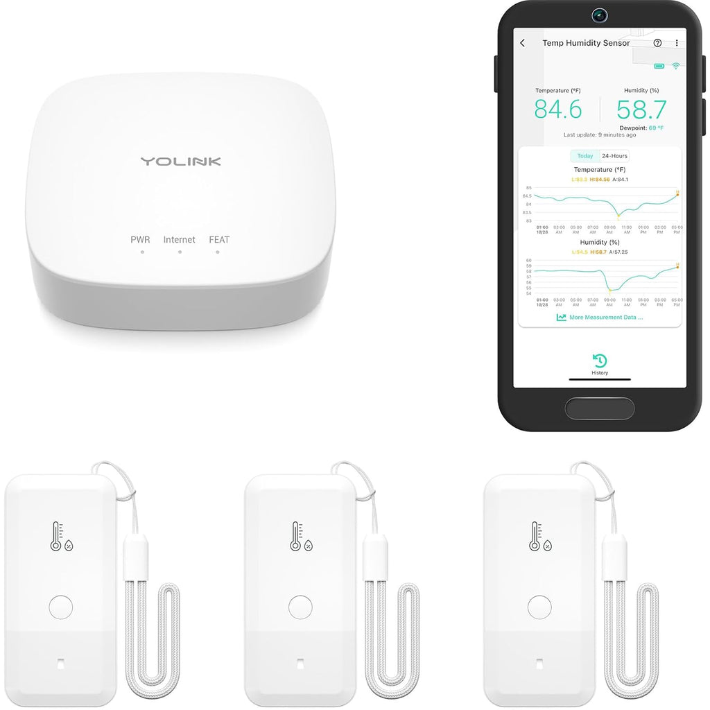 YoLink Smart Wireless Thermometer Hygrometer, 3-Pack, Wide Temp Range for Freezer, Fridge, Green House, Pet Cage, App Alerts, Emails, Text/SMS alerts, 5 Years Battery Life- Hub Included