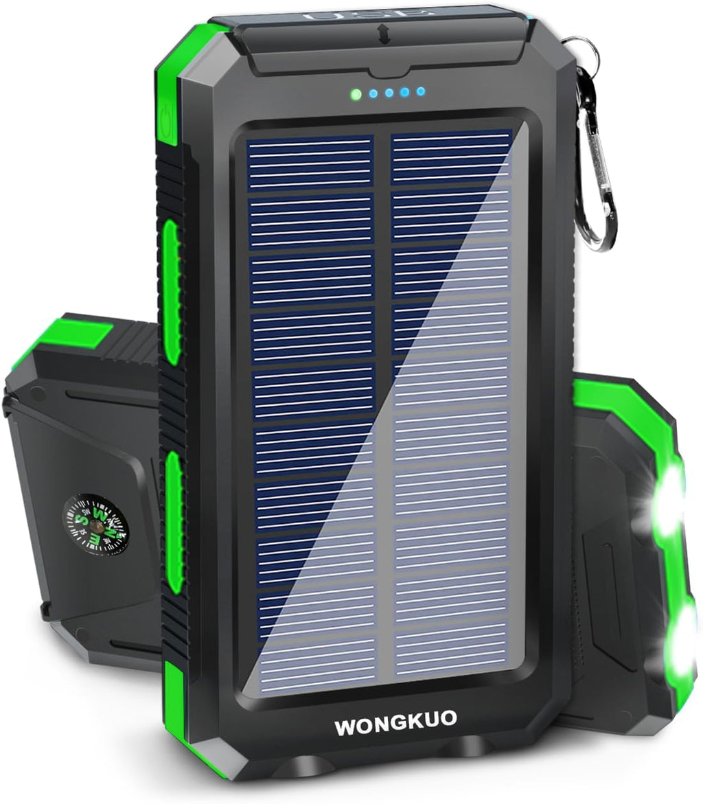 WONGKUO Solar Charger Power Bank - 36800mAh Solar Phone Charger, QC3.0 Fast Charger with LED Flashlight, IP65 Waterproof Portable Power Bank for Outdoor Activities (Matte Green)