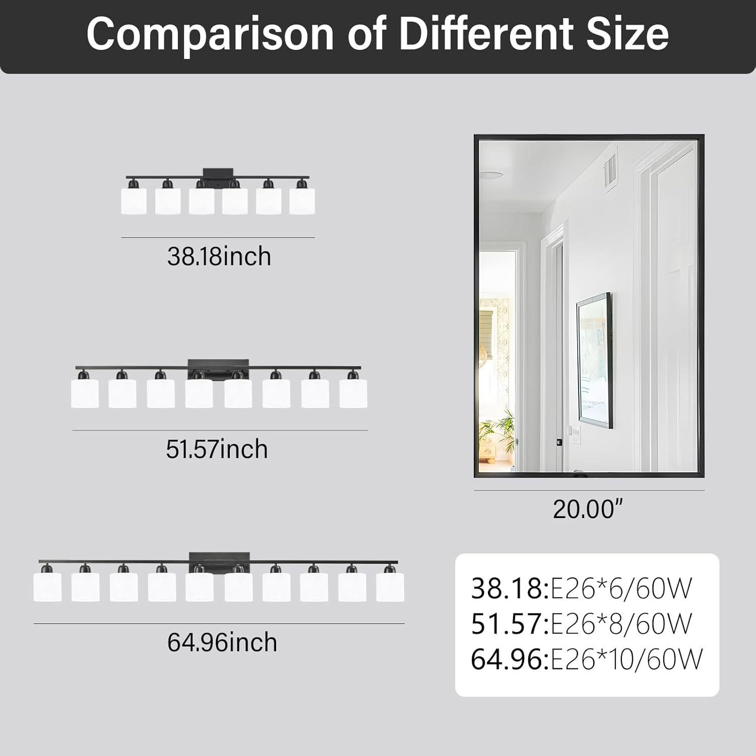 8 Light Black Bathroom Light Fixtures Over Mirror for Big Mirror, Modern Bathroom Lighting with Milky White Frosted Glass Shades,51 inch Lights for Vanity for Mirrors, E26
