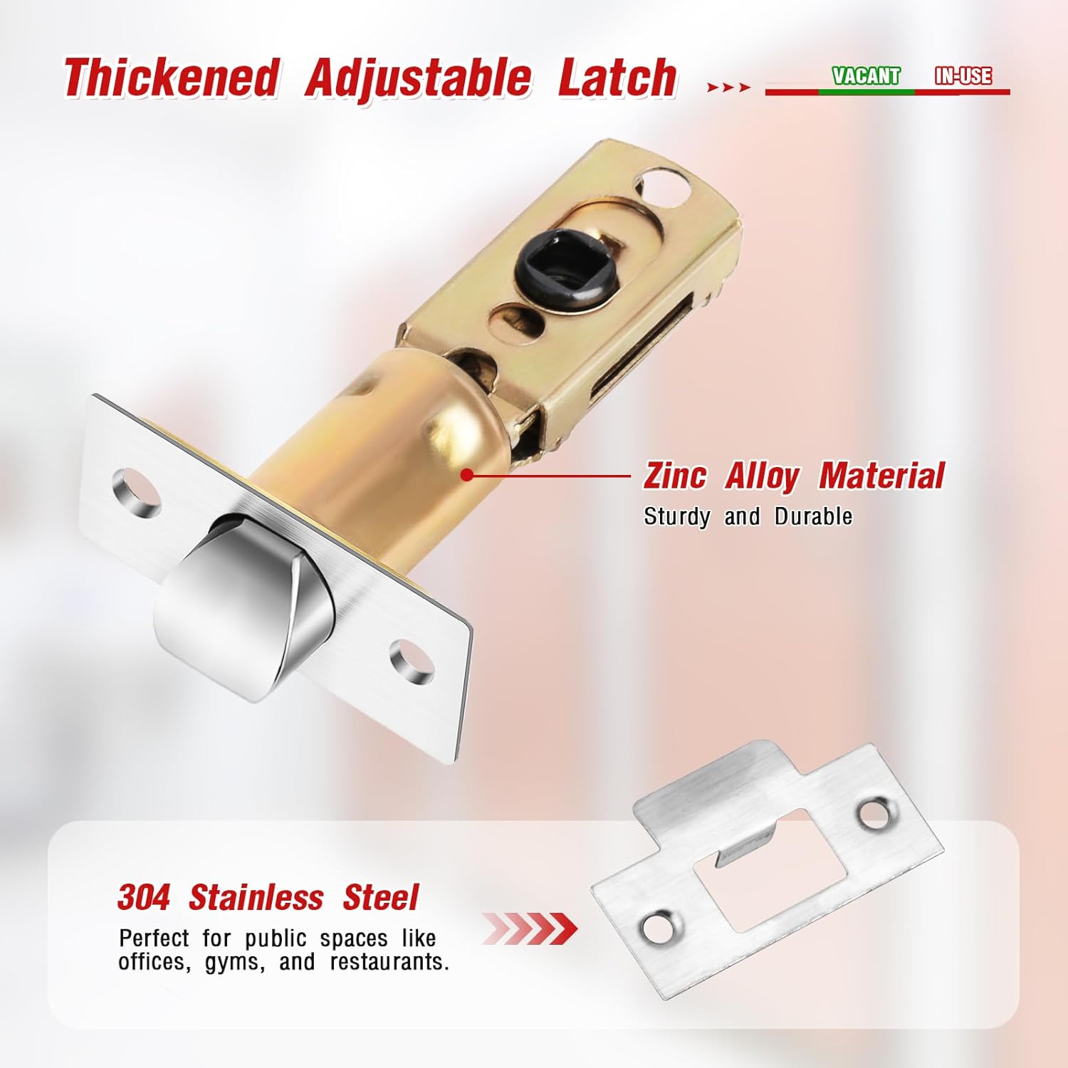 Bathroom Indicator Privacy Door Lock, Vacant Occupied Lock, Large Vacant or In-Use Door Handle, ANSI Grade 2 Commercial Grade, Satin Chrome