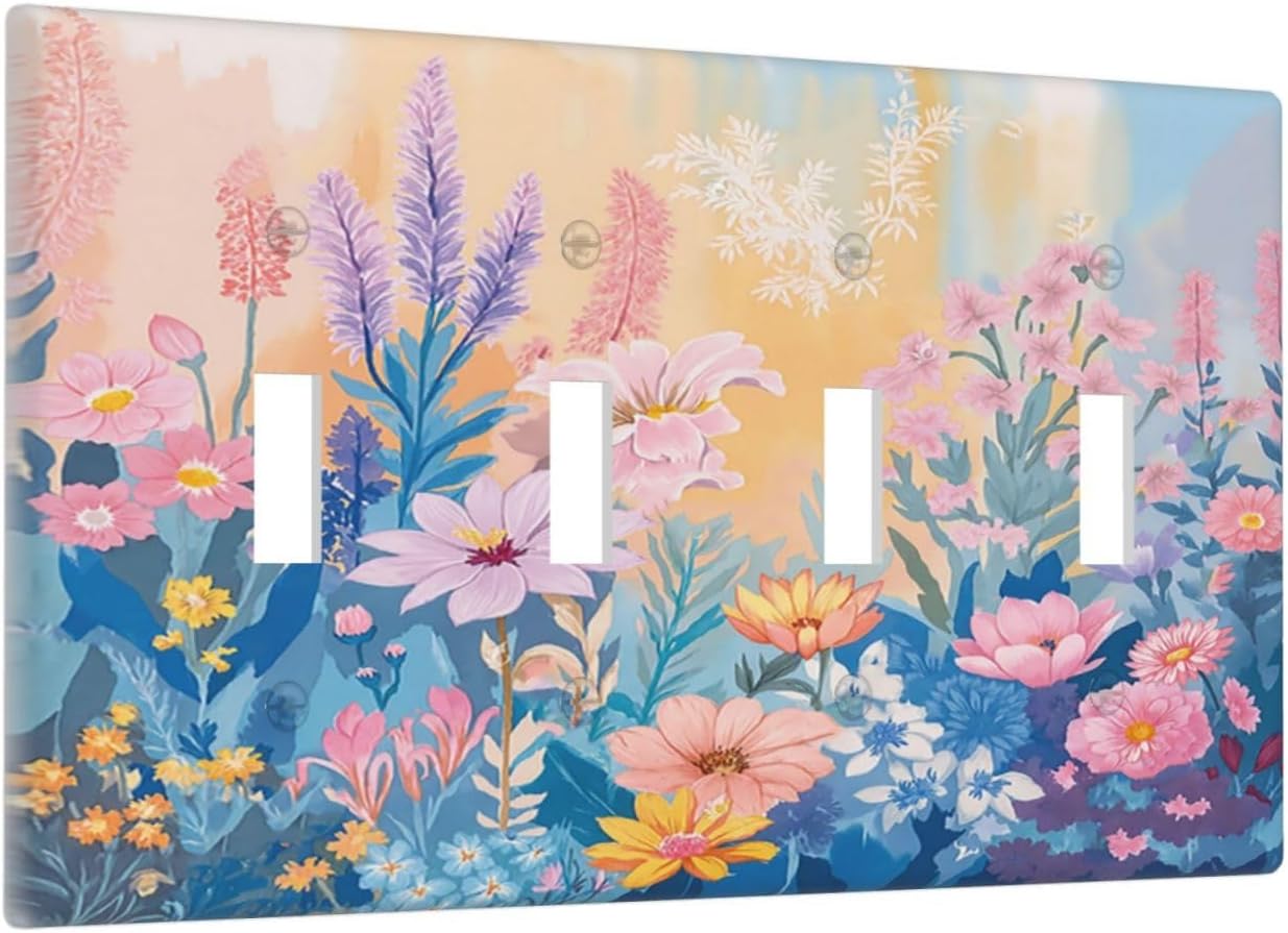 Light Switch Cover Plate Colorful Watercolor Flowers Wildflower Plants 4 Gang Quad Toggle Wall Plate Electrical Outlet Cover Decorative Switch Plate Covers for Bathroom Home Decor
