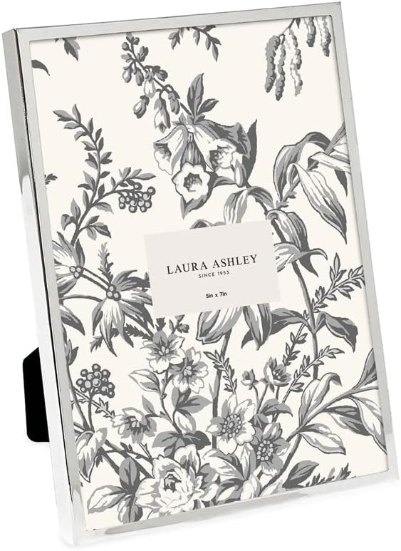 Laura Ashley 5x7 Silver Flat Metal Picture Frame (Vertical & Horizontal) w/Two-Way Easel Stand, Black Velvet Backing, Wall-Mountable, Made for Tabletop, Desk, Wall Display, Home Décor (5x7, Silver)
