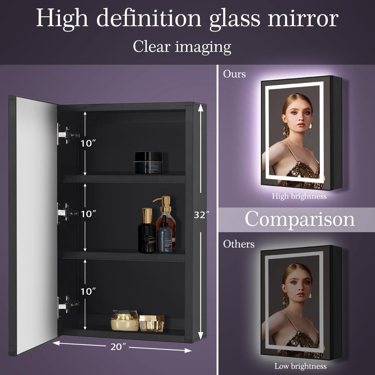 32 x 20 Inch Black Medicine Cabinet Mirror with Lights, 3 Color Lights, Memory Adjustable Brightness, Moisture Resistant, Bathroom