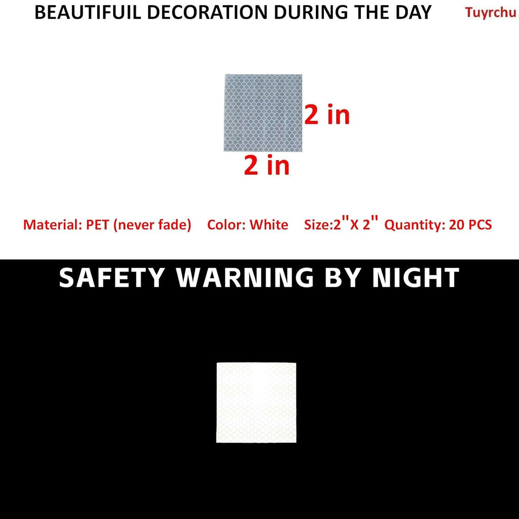 Non Fading White Reflective Stickers 2 inch X 2 inch, Outdoor Waterproof High Visibility Warning Safety Adhesive Reflector Tape (20 Pcs)