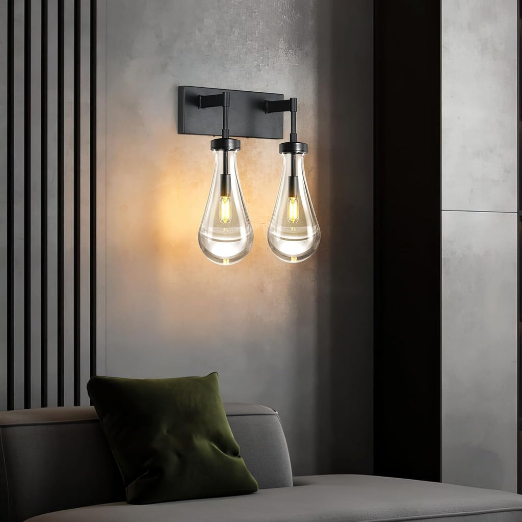 Raindrop Wall Sconces Black Crystal Sconces Wall Decor Modern Brass Lighting Glass Bathroom Sconces Indoor Vanity Light Wall Lamp for Bedroom Living Room Stair(2-Light)