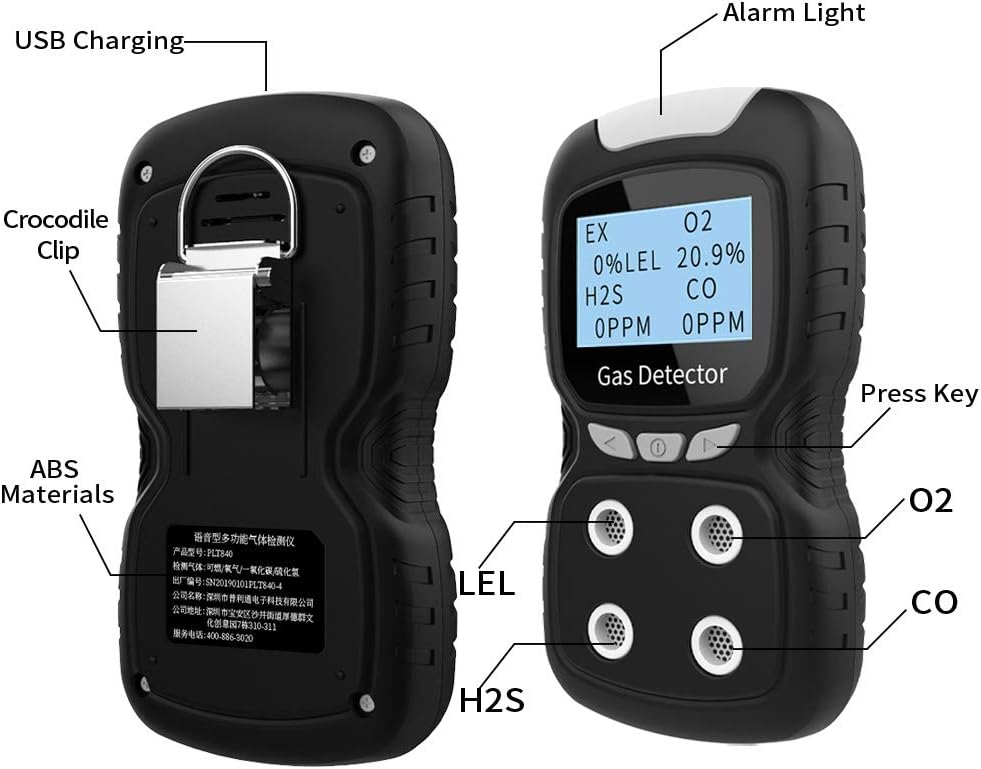 Portable Gas Detector, Gas Clip 4 Gas Monitor Meter Tester Analyzer, Rechargeable LCD Display Sound Light Shock Air Quality Tester, 2 Year Detector…
