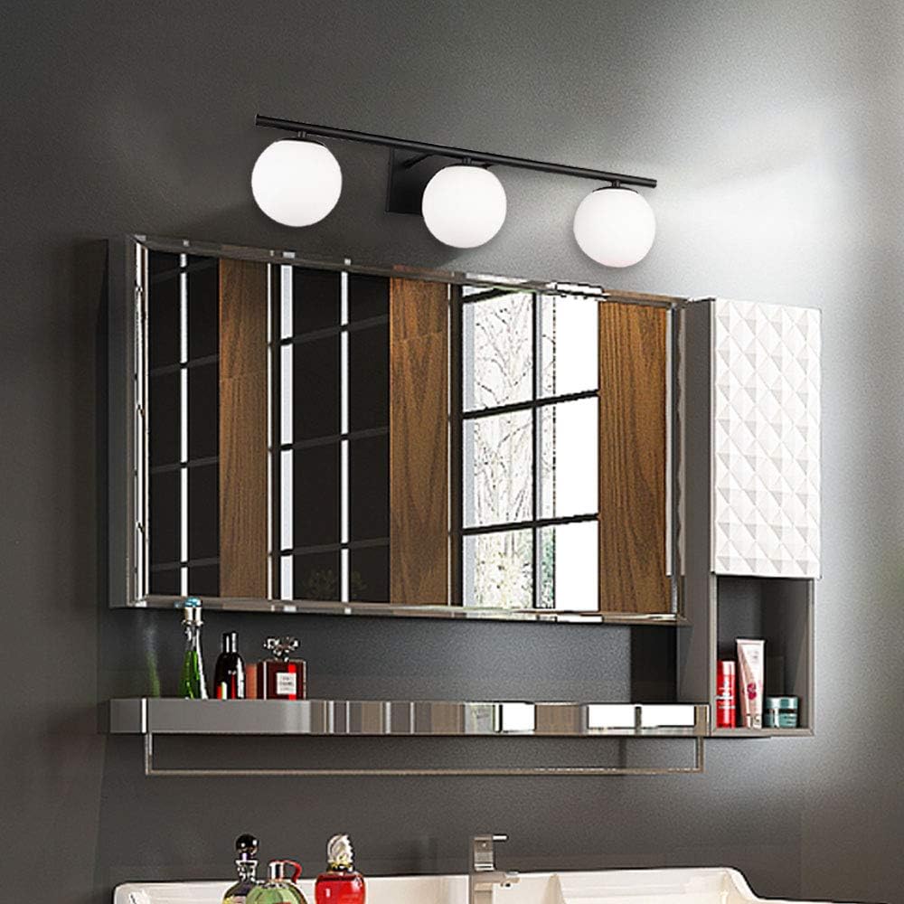 New Bathroom Vanity Light Fixtures Brushed Bronze Milk White Globe Glass Shade Modern Wall Bar Sconce Over Mirror (Black, 3 light-24inch-G9)