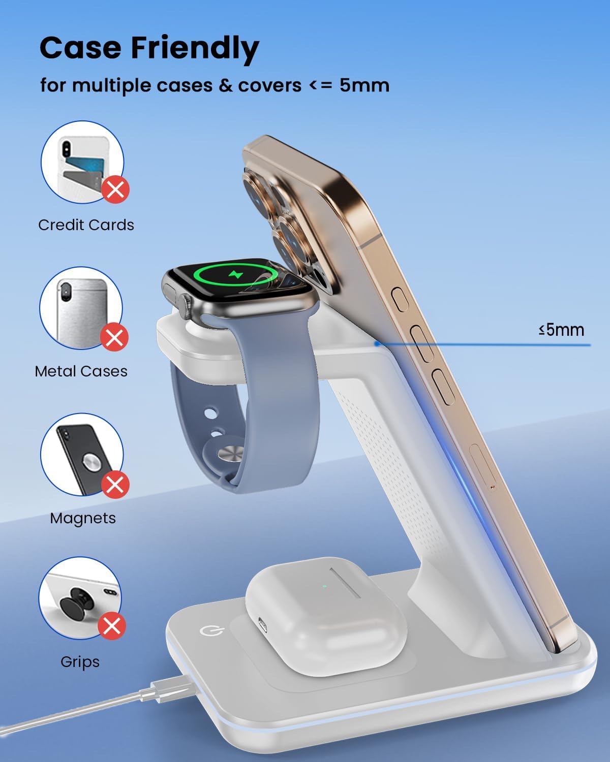 3 in 1 Wireless Charging Station, Wireless Charger Stand for Multiple Apple Devices, Wireless Charger for iPhone 17 16 15-11 Pro Max XS XR 8, Apple Watch 11 9 8 7 6 SE 5 4 3 2, Air Pods 3/2/Pro