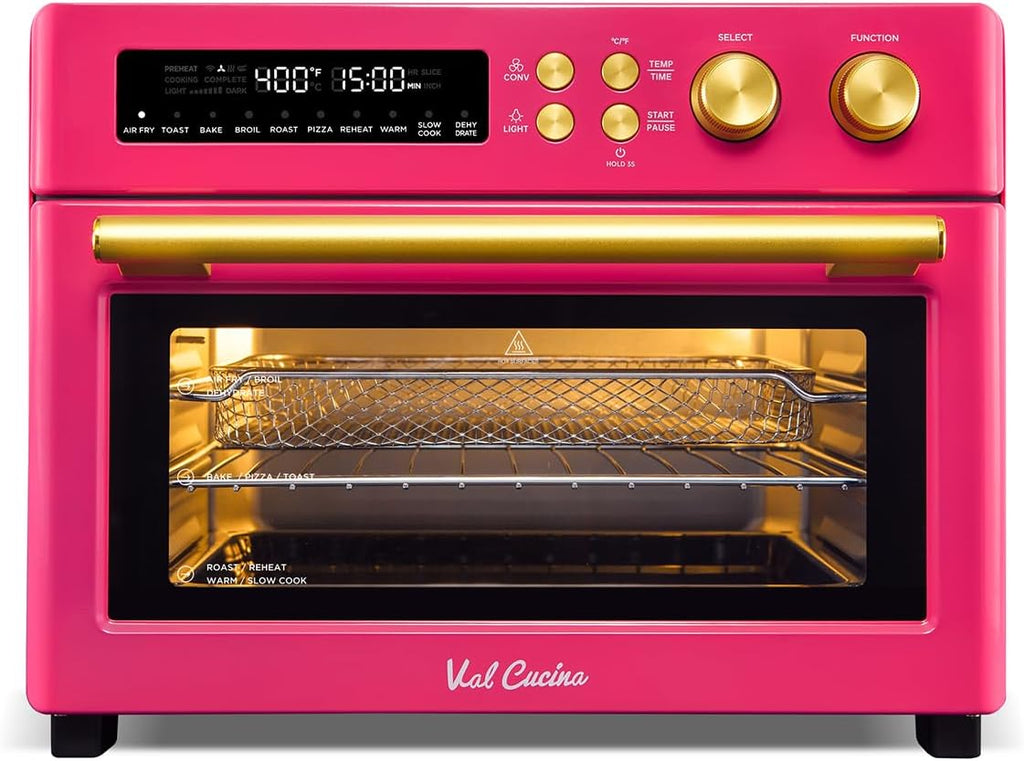 VAL CUCINA Limited Edition Happy Pink Infrared Heating Air Fryer Toaster Oven, Extra Large Countertop Convection Oven 10-in-1 Combo, 6-Slice Toast, Enamel Baking Pan Easy Clean with Recipe Book