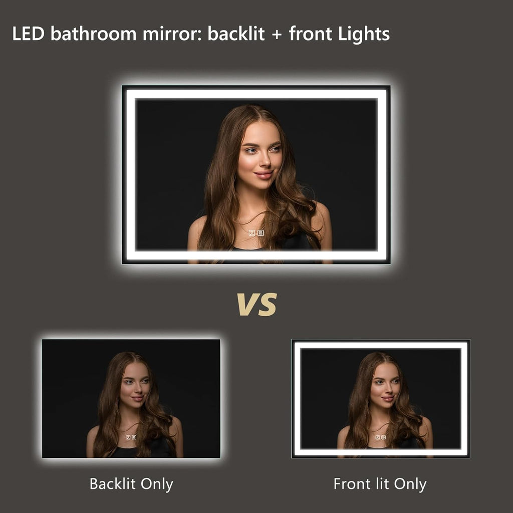 APRILSOUL 48x30 Inch LED Bathroom Mirror with Front and Backlit, Makeup Mirror with 3 Color Lights, Memory Function, Anti-Fog and Dimmable Light (Horizontal)