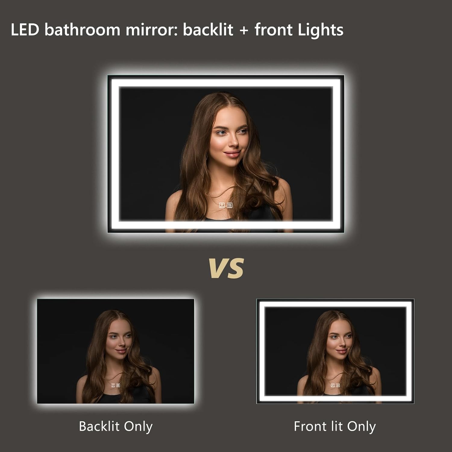 APRILSOUL 36x24 Inch LED Bathroom Mirror with Front and Backlit, Makeup Mirror with 3 Color Lights, Memory Function, Anti-Fog and Dimmable Light (Horizontal)
