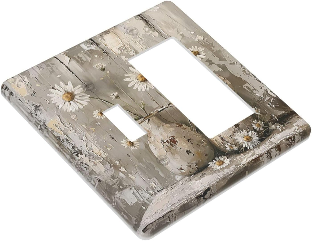 Outlet Covers Vintage Rustic Floral White Daisy Flower Oil Painting Style 1 Toggle 1 Rocker Combination Decorative Wall Plate Electrical Switch Plates Light Switch Cover Plate for Home