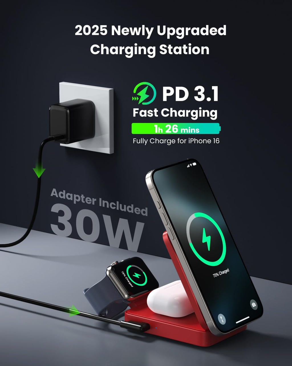 3-in-1 Wireless Charger Charging Station for iPhone, 15W Fast Charging Foldable Magnetic Charger Stand with 30W USB C Adapter for MagSafe iPhone 16/15/14/13/12, Apple Watch, AirPods