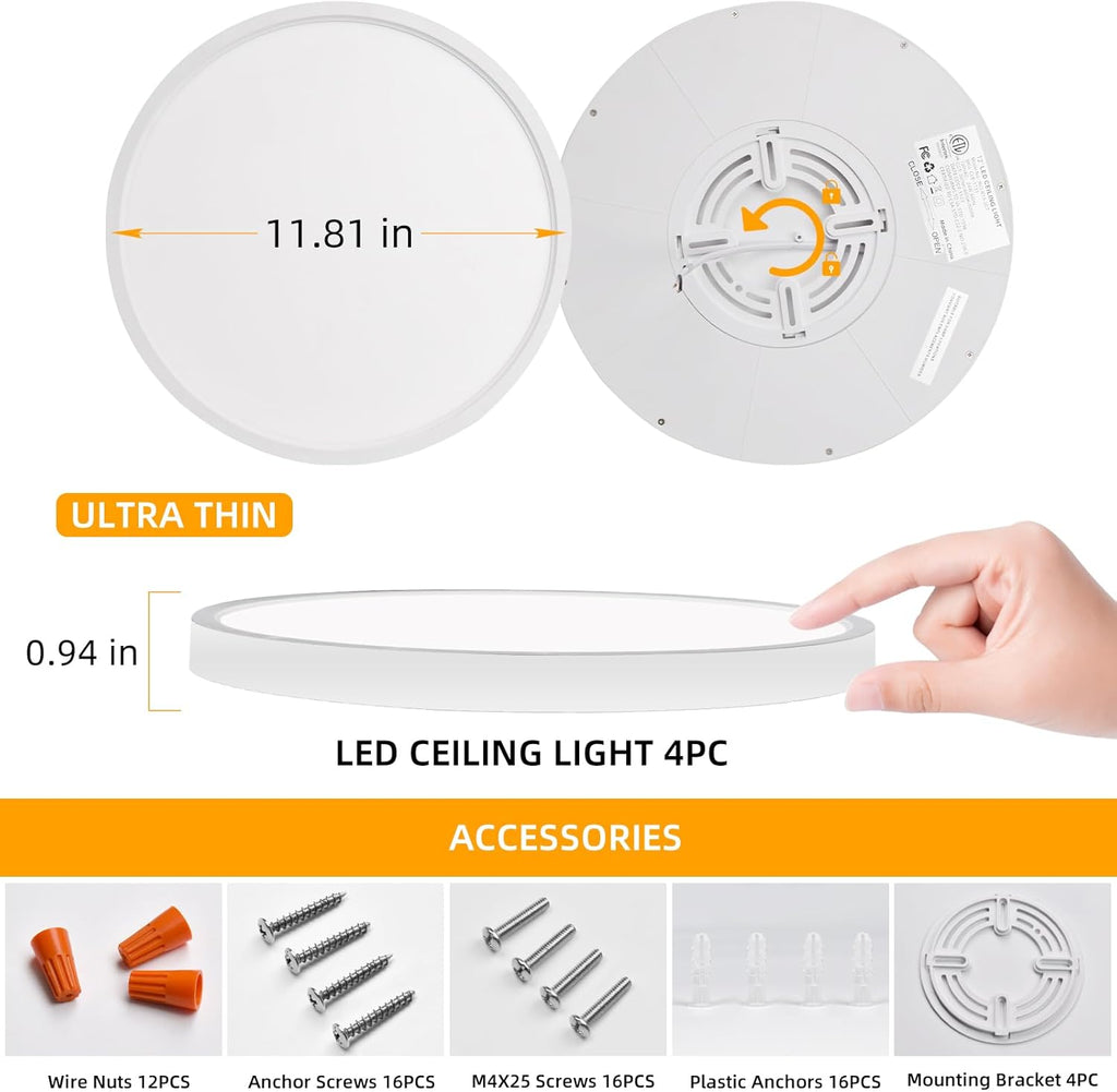 Hlite 4pack 12 inch Flush Mount LED Ceiling Light Fixture,24W 2400LM Super Slim Light Fixtures Ceiling Mount 3000K/4000K/5000K 3CCT Selectable,Light Fixtures for Kitchen,Bedroom(White)