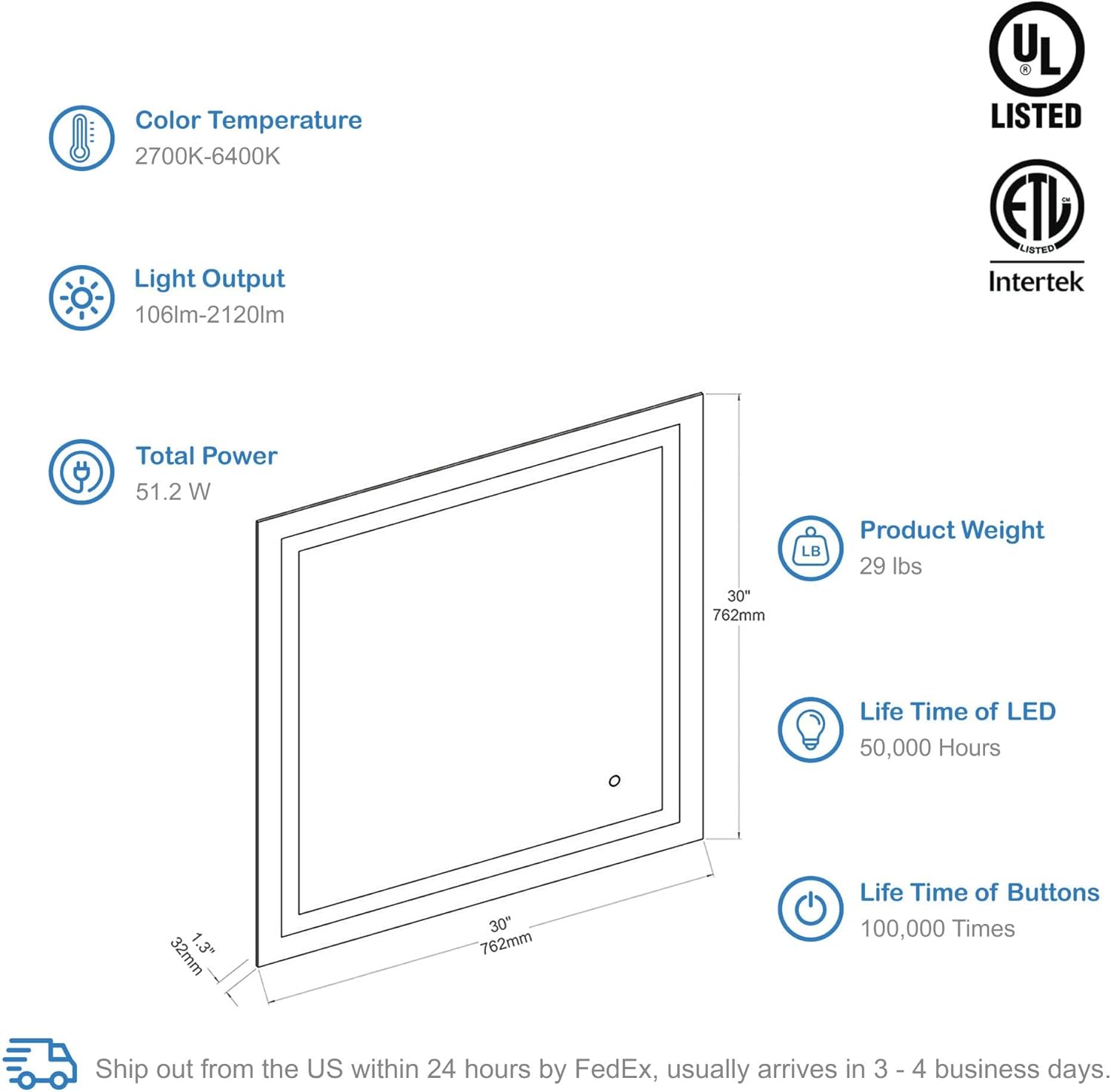 Blossom 30X30 LED Bathroom Mirror with Lights, Anti-Fog, Dimmable, Backlit & Front Lit, Lighted Bathroom Vanity Mirror for Wall, Memory Function, Waterproof, Tempered Glass, Smart Vanity Makeup Mirror