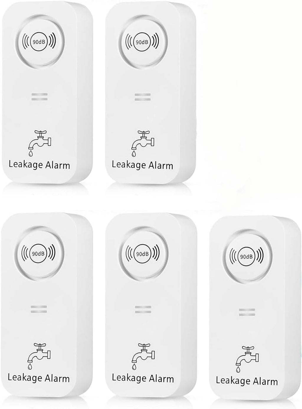 90dB Loud Water Leak Detector 5 Pack, Complete Wireless Alarm Set with 3 Probes Each for Whole House, for Kitchen Bathrooms Basement Garage, Drip & Flood Sensor