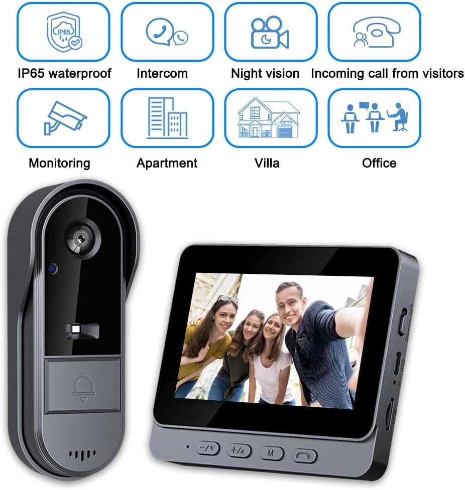 Doorbell Camera Wireless with Monitor for Apartment, Timbre con Camara 1080P No Subscription/App/WiFi Needed,Waterproof Door Bell Video Intercom 2-Way Talk, 170° View Angle Timbre con Camara