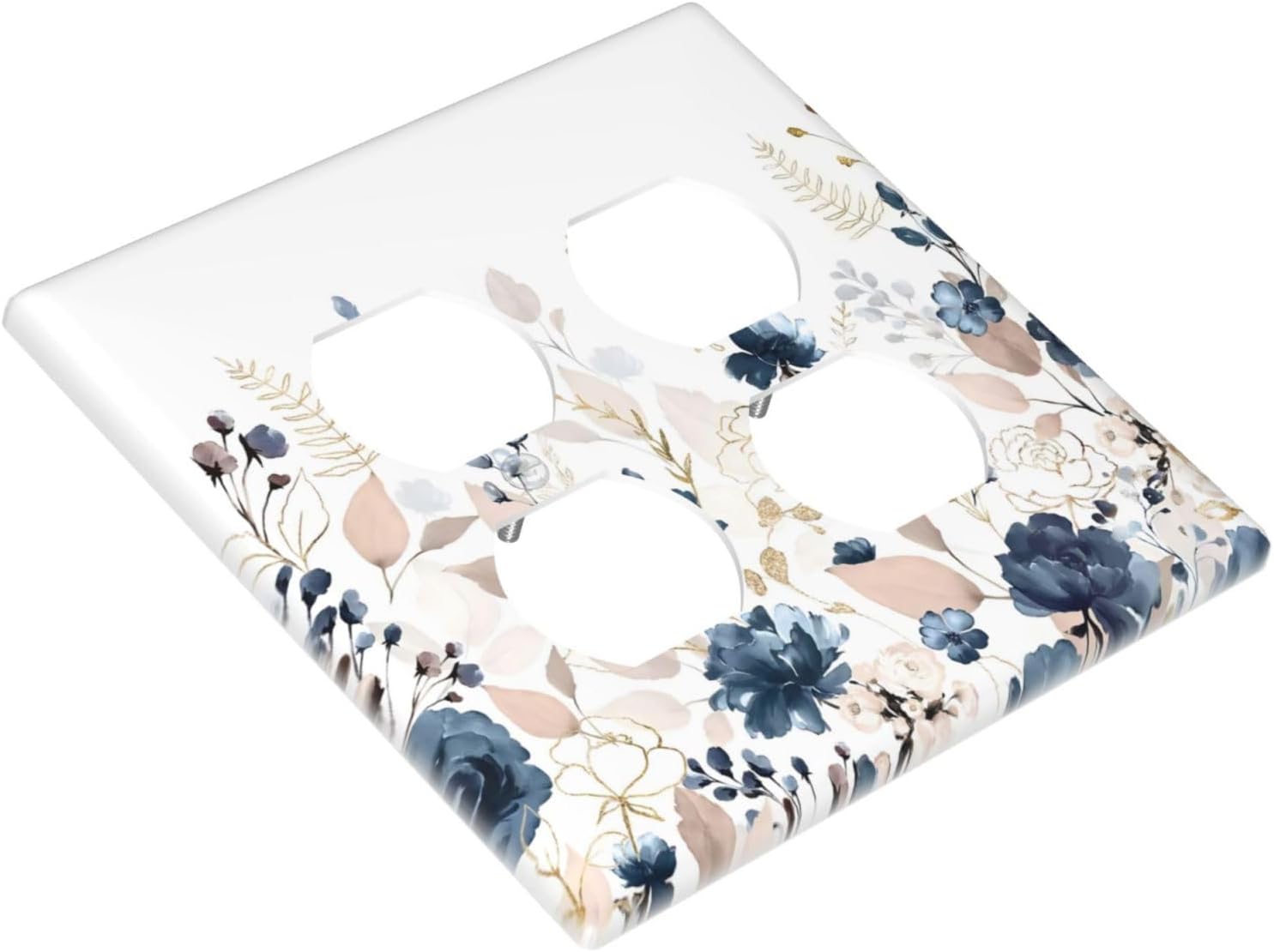 Blue Flora Boho Vintage Flower Golden Leaves Outlet Covers 2 Gang Double Duplex Decorative Light Switch Covers Electrical Wallplates Socket Faceplate for Bedroom Living Room Decor