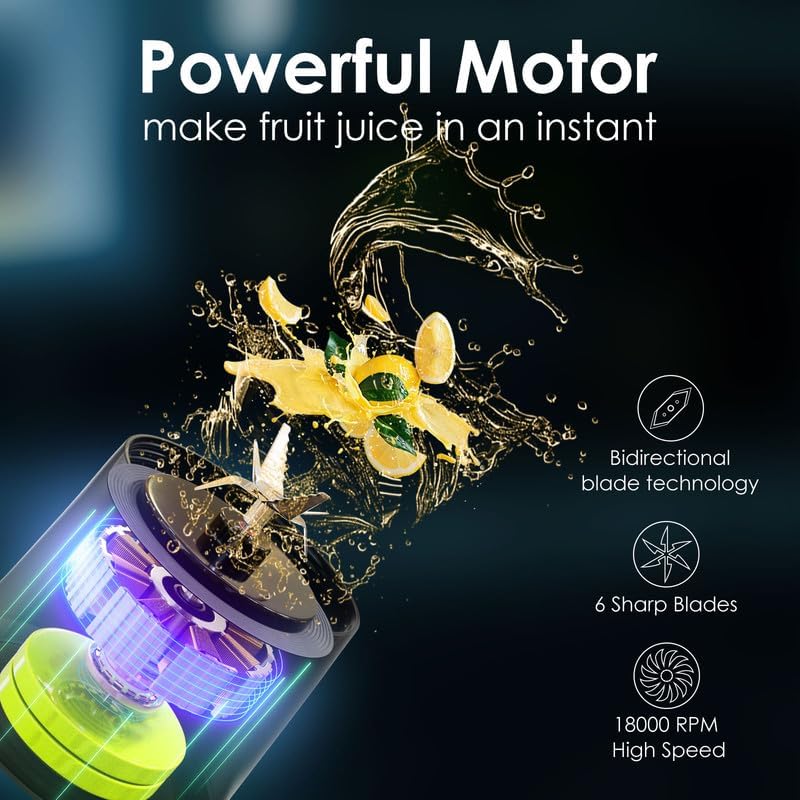Personal Blender Wireless 24oz Cordless Mini 360 Watt Portable Blender-for Smoothies Freshly Squeezed Juices 6000mAh Self Cleaning and BPA Free Portable Juicer with 6 Sharp Blade Black Knight