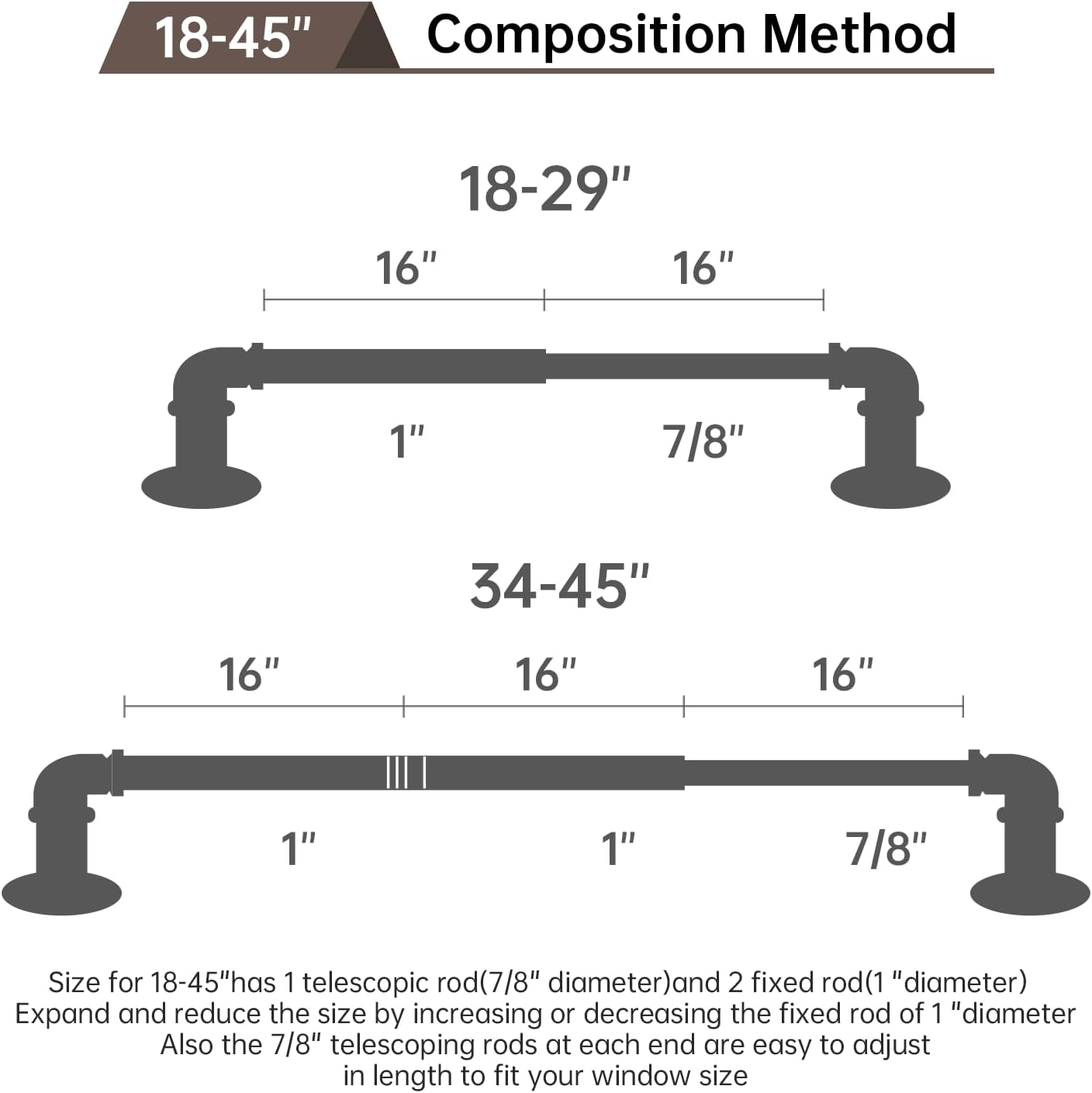 Industrial Curtain Rods 18 to 45 in,Blackout Curtain Rod,Adjustable Length,1 in Diameter Pipe,Wall or Ceiling Mounted,for Bedroom and Living Room (Antique Brass18” to 45”)