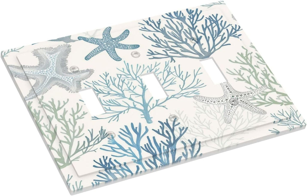 Decorative Switch Plates Ocean Beach Theme Starfish Seashell Coral 3 Gang Wall Plate Triple Toggle Light Switch Cover Faceplate Electrical Wall Panels For Bathroom Kids Room Decor