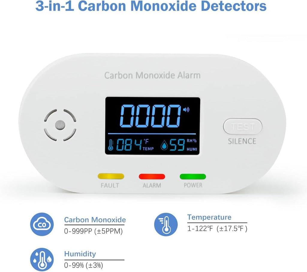Carbon Monoxide Detectors, 3 Pack Plug in Carbon Monoxide Detector with CO Alarm Monitor Temperature Humidity Sensor,3-in-1 CO Detector with LCD Display for Home/Kitchen/Hotel/Bedroom (White)