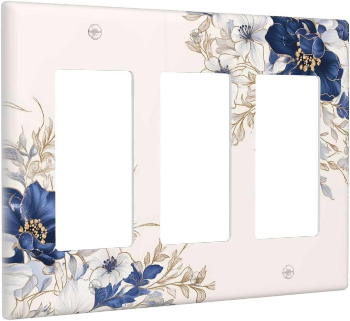Decorative Outlet Covers Rustic Blue Beige Flower Peony Floral 3 Gang Light Switch Cover Plate Triple Rocker Wall Plates for Electrical Outlets Switch Plate Covers for Bedroom Home Decor
