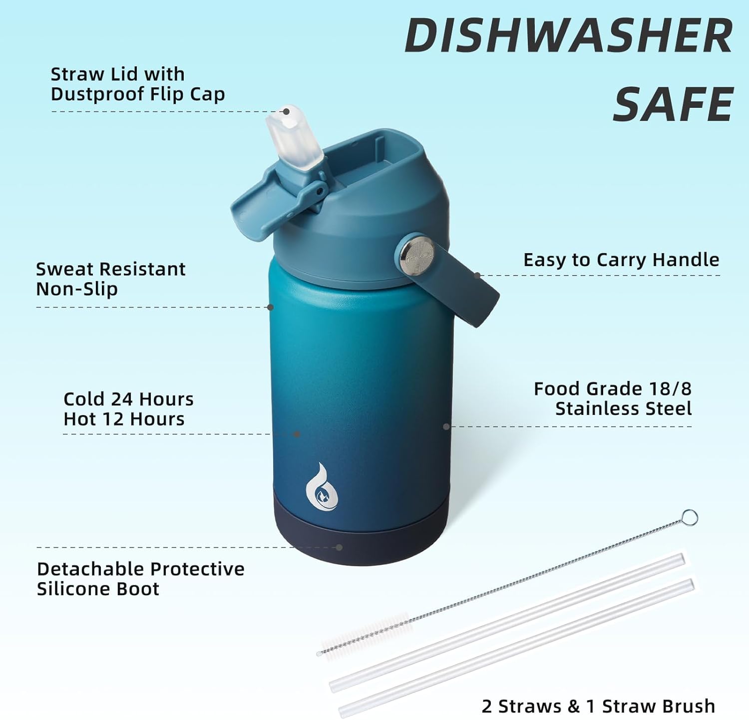 BJPKPK Insulated Water Bottle with Straw Lid, 12oz Thermo Water Bottles with Soft Nozzle, Flex Handle & Non-slip Boot, BPA Free Leak Proof Stainless Steel Metal Thermo, Tumblers, Cups,Vast