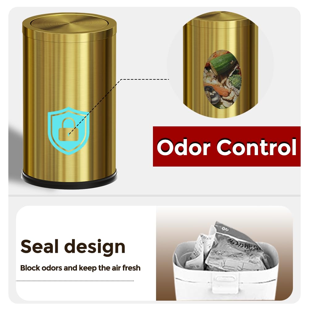 9 Liter/2.4 Gallon, Gold Trash can with Swing lid, Brass Small Trash can, Gold Trash Bin with Lid for Office, Living Room,Bathroom，Restaurant Bathroom