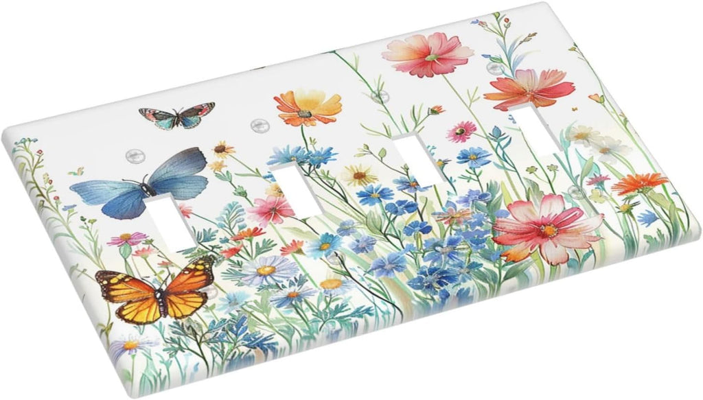 Decorative Light Switch Cover Plate Rustic Wildflower Blue Pink Floral Butterfly 4 Gang Wall Plates for Electrical Outlets Quad Toggle Switch Plate Covers Outlet Covers for Bedroom Decor
