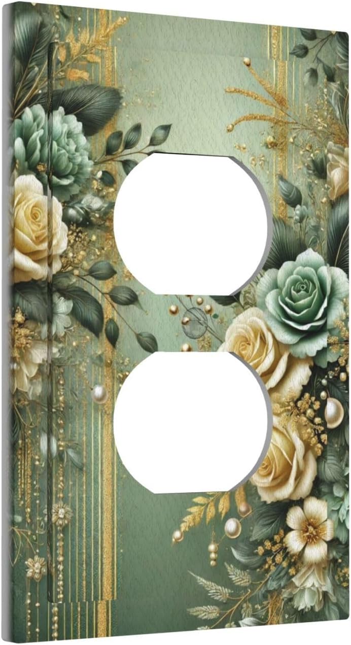 Decorative Outlet Covers Rustic Green Floral Leaves Teal Flowers Gold Stripe 1 Gang Duplex Light Switch Cover Plate Wall Plates for Electrical Outlets Switchplate Faceplate