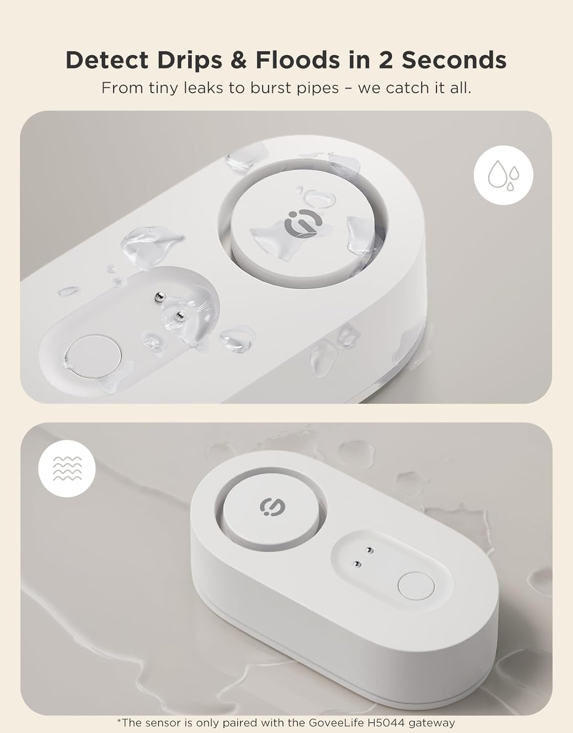 GoveeLife Water Leak Detector 5 Pack with 105dB Adjustable Alarm, Water Alarm with Dual Sets Sensor Probes Leaks and Floods. Suit for Home, Basement, and Kitchen(Cannot Connect to Wi-Fi Directly)