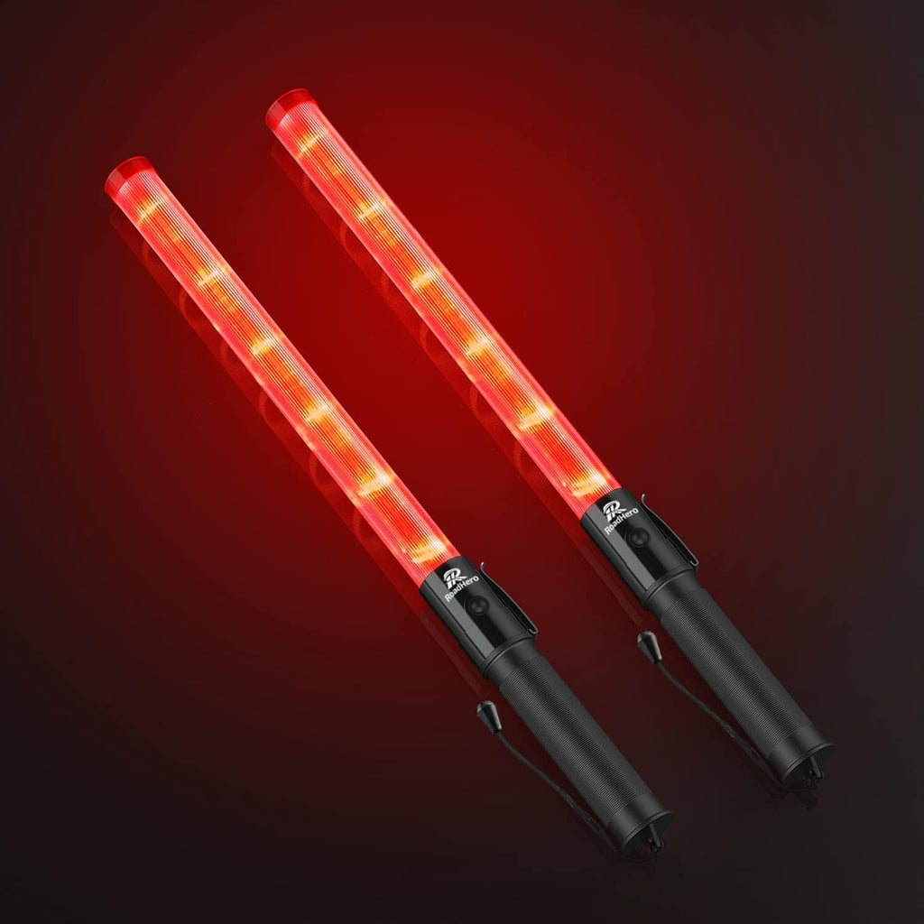RoadHero 2 Pack Traffic Wand, 21 Inch Led Traffic Control Wands with 2 Flashing Modes, Safety Light Baton with Side Clip for Airport, Parking, Car Directing