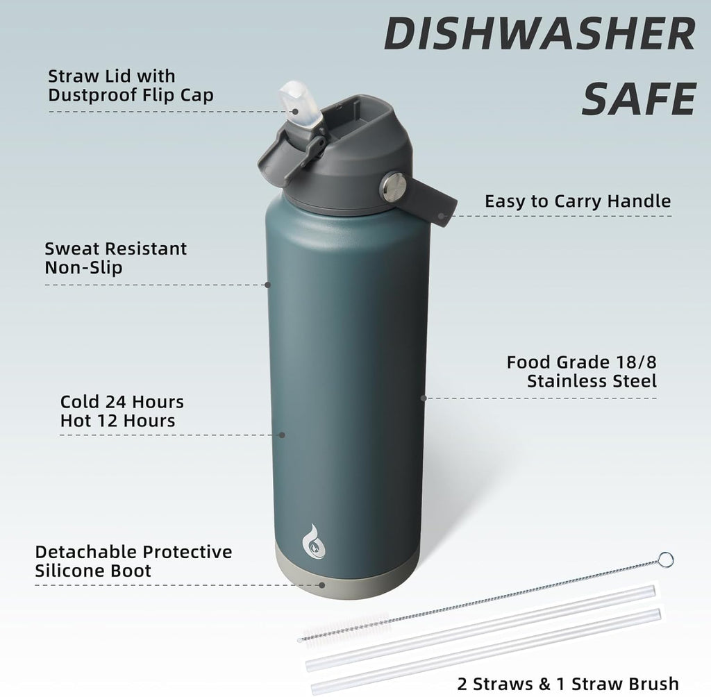 BJPKPK Insulated Water Bottle with Straw Lid, 40oz Large Thermo, BPA Free Leak Proof Stainless Steel Metal Water Bottles, Tumblers, Cups, Flasks for Travel, Sports, Grey