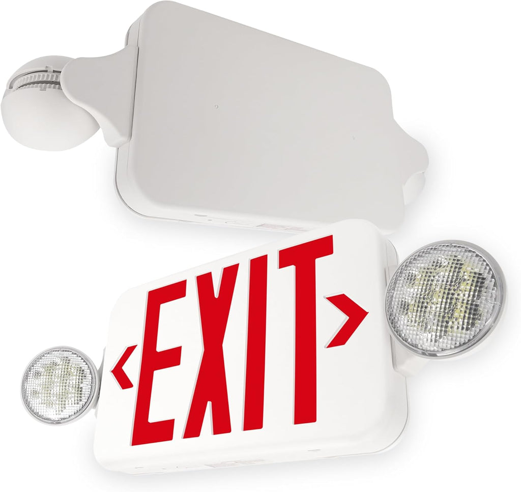 LFI Lights® Compact Remote Head Capable COMBO UL 924 Listed, Exit Sign with Emergency Lights, Red LED, White, 120/277VAC Hardwired with Battery Backup, Optional Double Face and Knock Out Arrows COMBOJR2RWRH