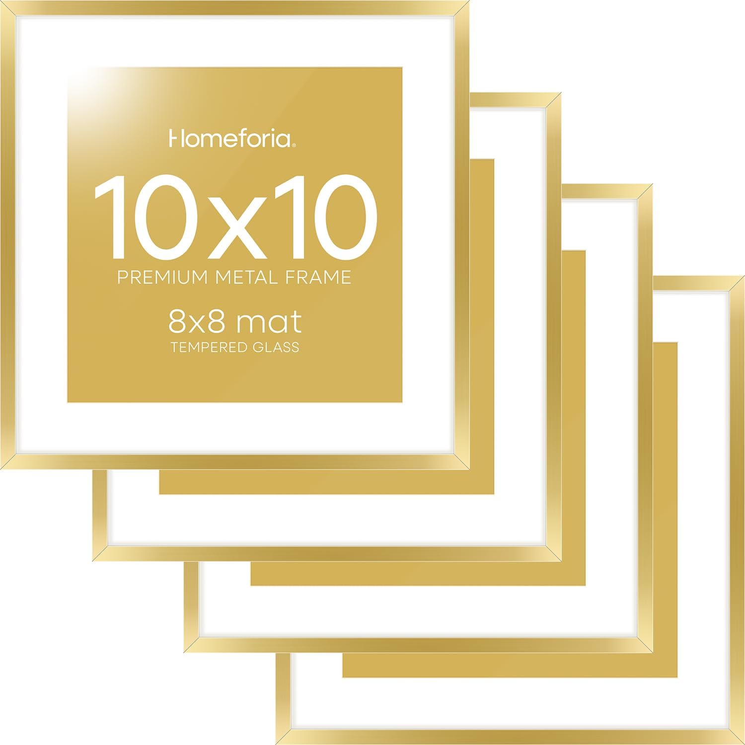 Homeforia Square 10x10 Gold Frame, High End Metal 10 by 10 Picture Frames with Mat 8 x 8, 10by10 Thin Poster Frame Matted to 8x8 inch Photo, Wall or Tabletop Frames, Tempered Glass, Wall Kit, Set of 4