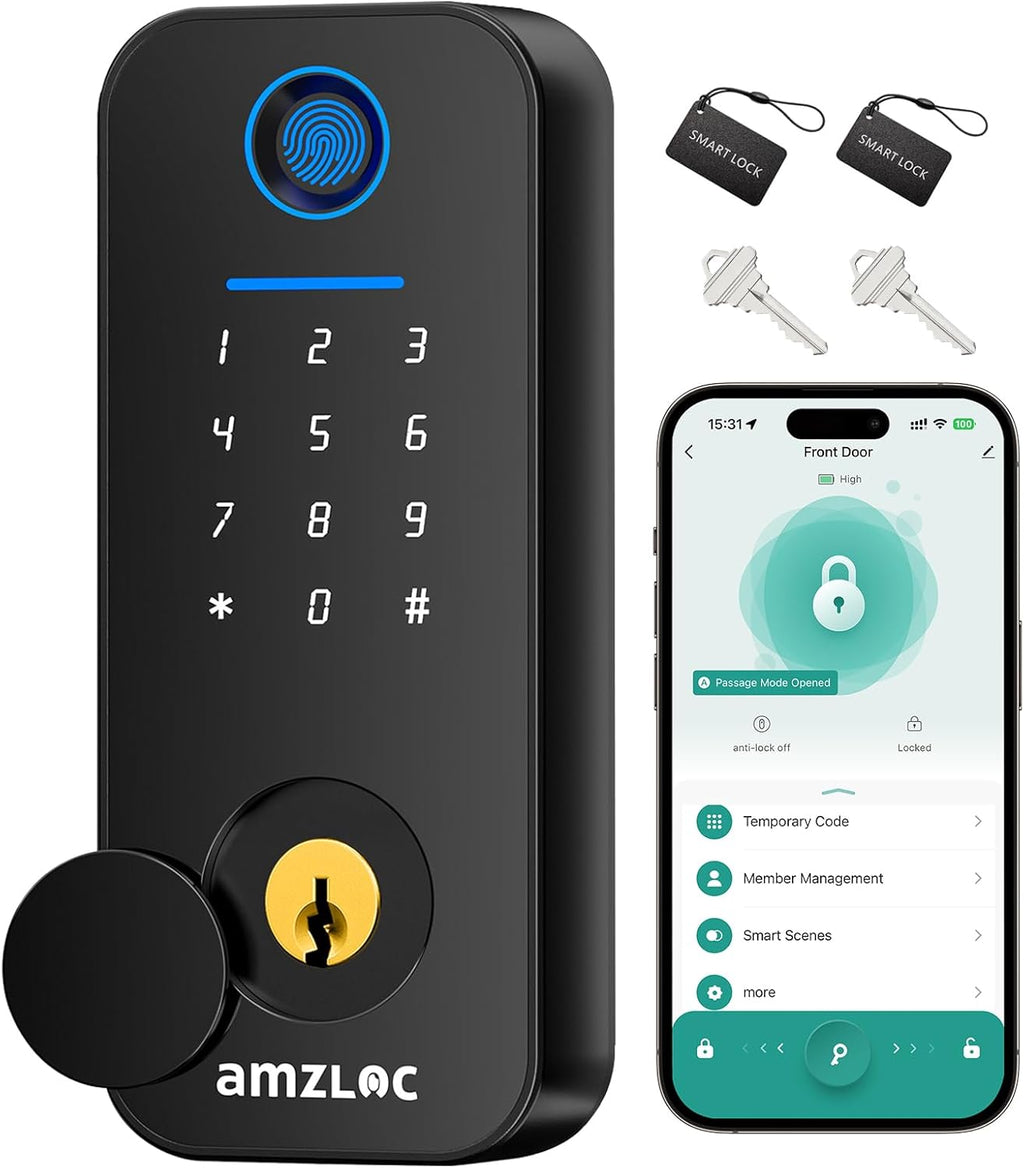 Smart Deadbolt Door Lock with Keypad:Amzloc Fingerprint Keyless Entry Door Lock, Smart Lock for Front Door,Bluetooth APP Control,Auto Lock,Easy Install,IP65 Waterproof