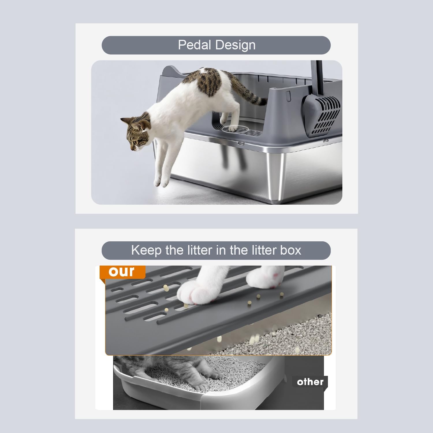 Stainless Steel Cat Litter Box, Open Top High-Sided Metal Litter Box with Scoop, Extra Large Litter Boxes for Kitty Kitten and Big Cats, Anti-Urine Leakage, Non-Sticky, Easy to Clean (Grey)