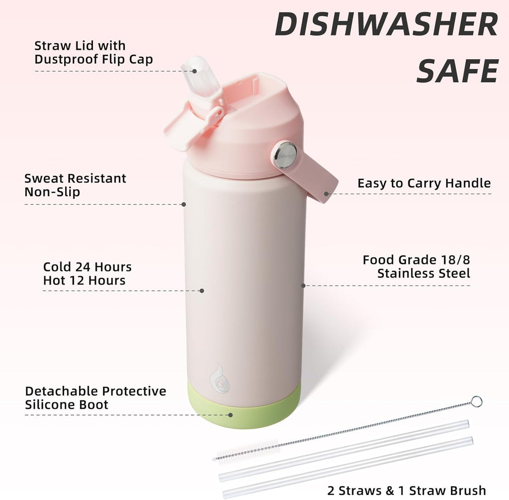 BJPKPK Insulated Water Bottle with Straw Lid, 18oz Thermo Water Bottles, Flex Handle & Non-slip Boot, BPA Free Leak Proof Stainless Steel Metal Thermo, Tumblers, Cups,Pearl Pink