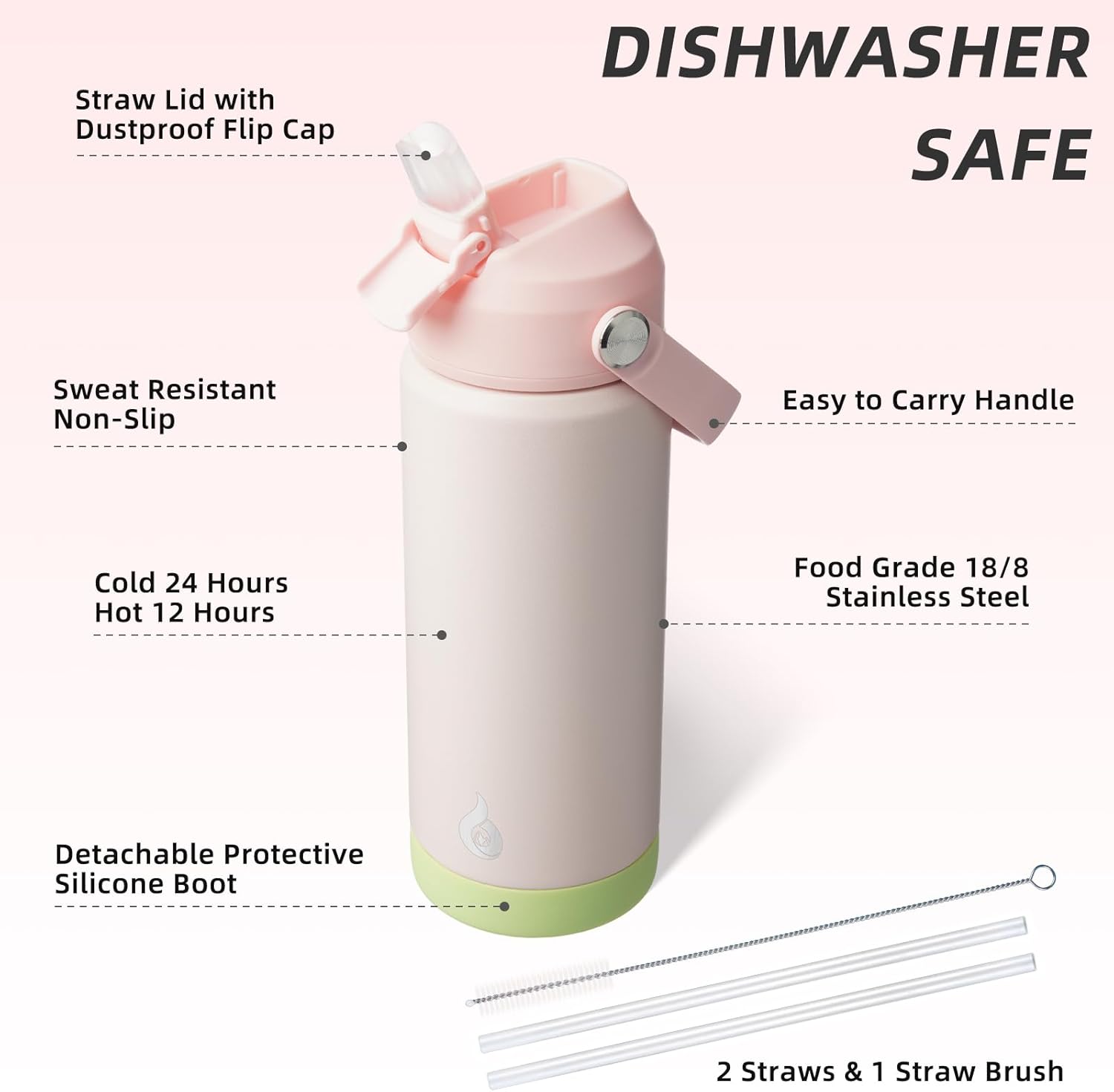 BJPKPK Insulated Water Bottle with Straw Lid, 18oz Thermo Water Bottles, Flex Handle & Non-slip Boot, BPA Free Leak Proof Stainless Steel Metal Thermo, Tumblers, Cups,Pearl Pink