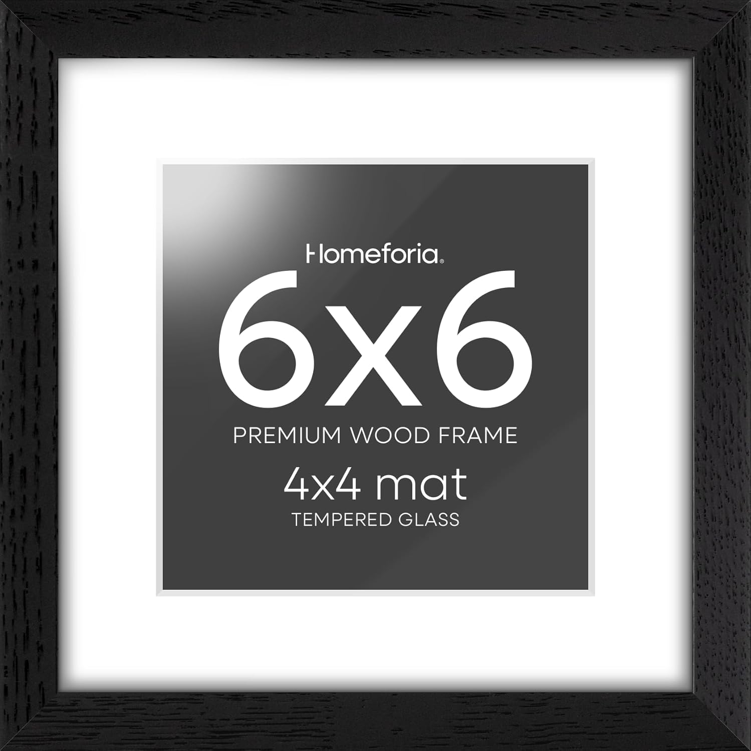 Homeforia 6x6 Picture Frame Black Wood, High-End Oak 6 x 6 Square Frames with Mat 4 by 4 inch Photo, 6x6 Wooden Frame Matted to 4x4 Art, 6by6 Wall or Tabletop Frame, Tempered Glass, Wall Kit, Set of 1