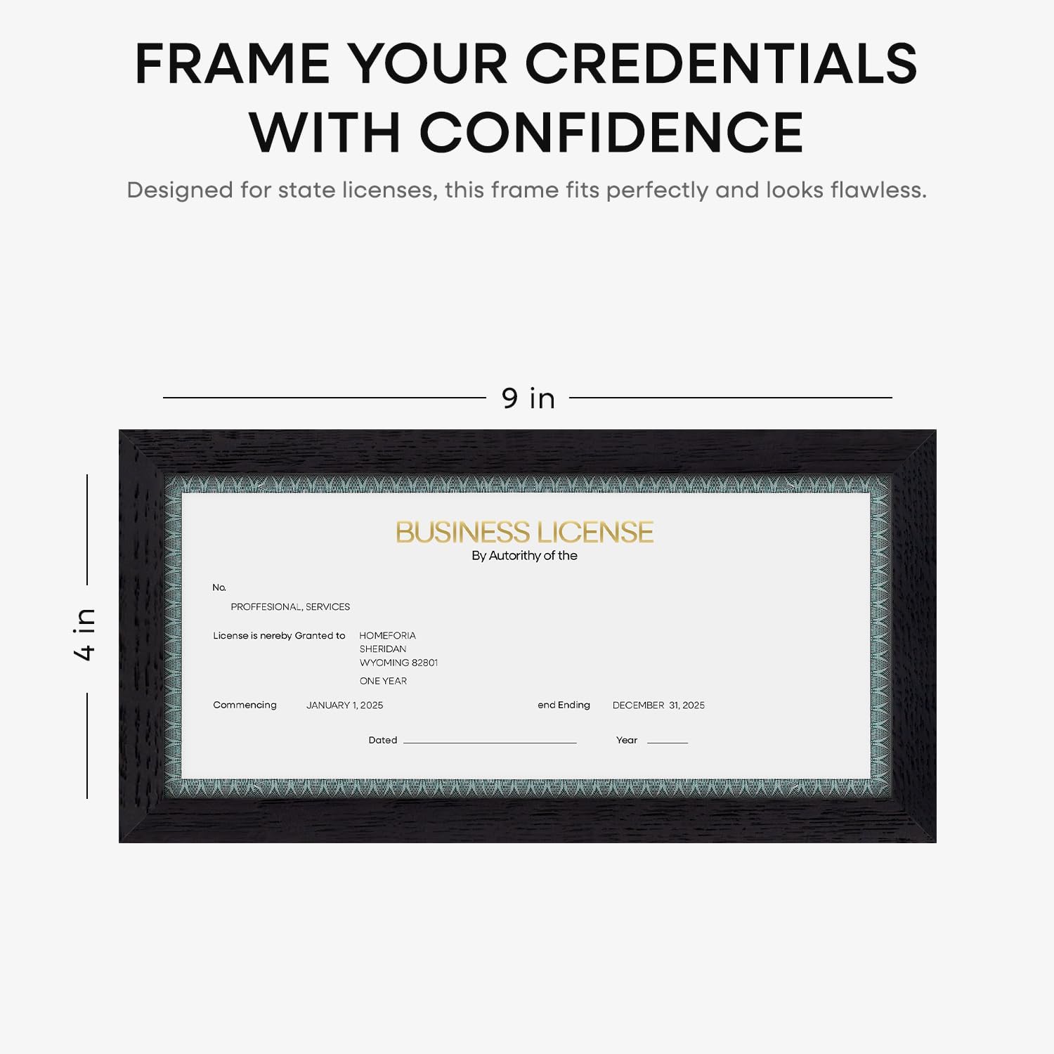 Homeforia 4x9 Business License Frame Black, High End Oak 4 x 9 Black Wood Certificate Frames, 9x4 Wooden Document Frames for Wall or Tabletop, 4 by 9 Picture Frames, Tempered Glass, Wall Kit, Set of 1