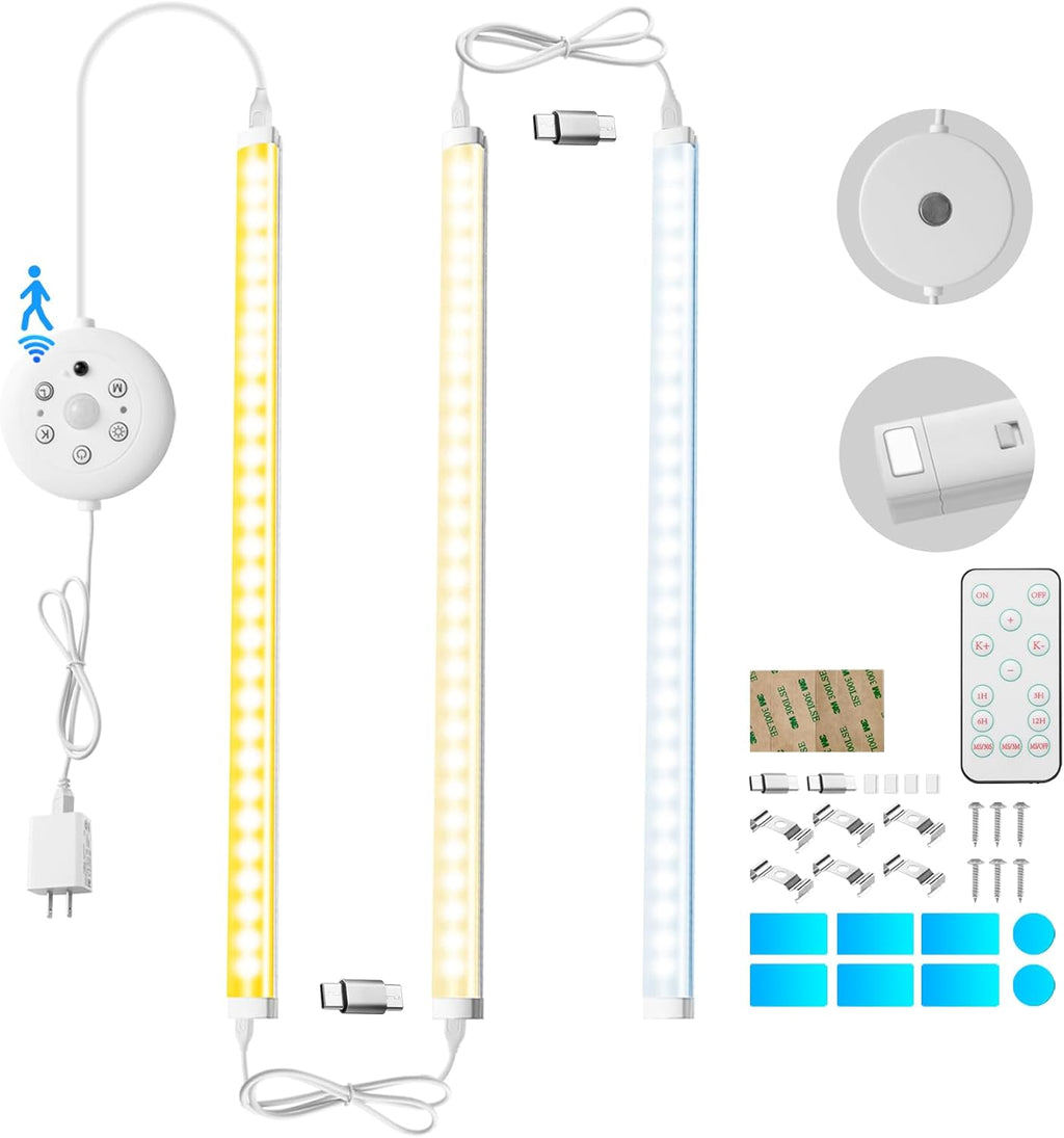LED Cabinet Lights Bar with Motion Sensor, Dimmable Brightness and Color, Wireless Remote, Ultra Thin Strips Lighting Magnetic Mounting for Kitchen,Bookshelf,Closet 3Pack