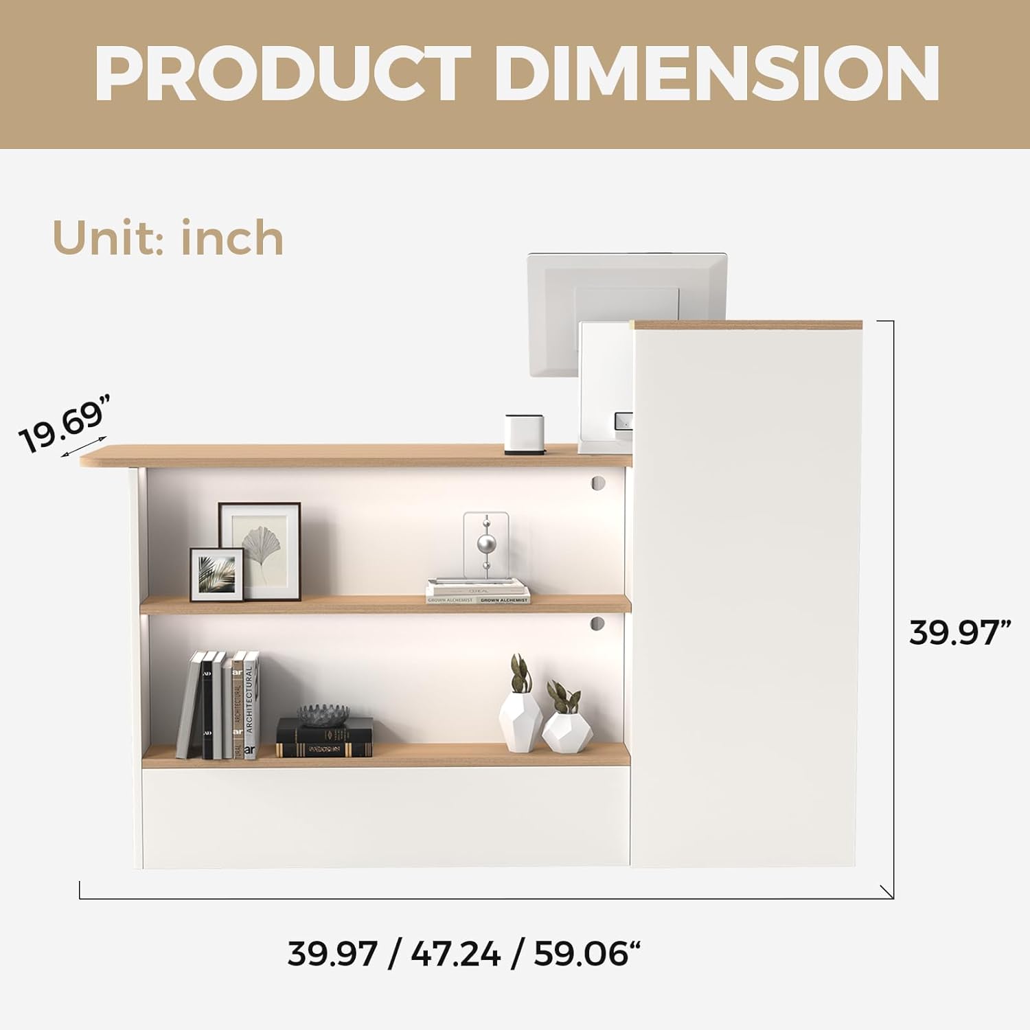 Modern Reception Desk with LED Lights - 47" Front Desk Reception Counter with Dual Display Shelves & Hidden Cable Management, Lockable Drawer & Storage Cabinet for Office, Salon, Spa, Retail, Right