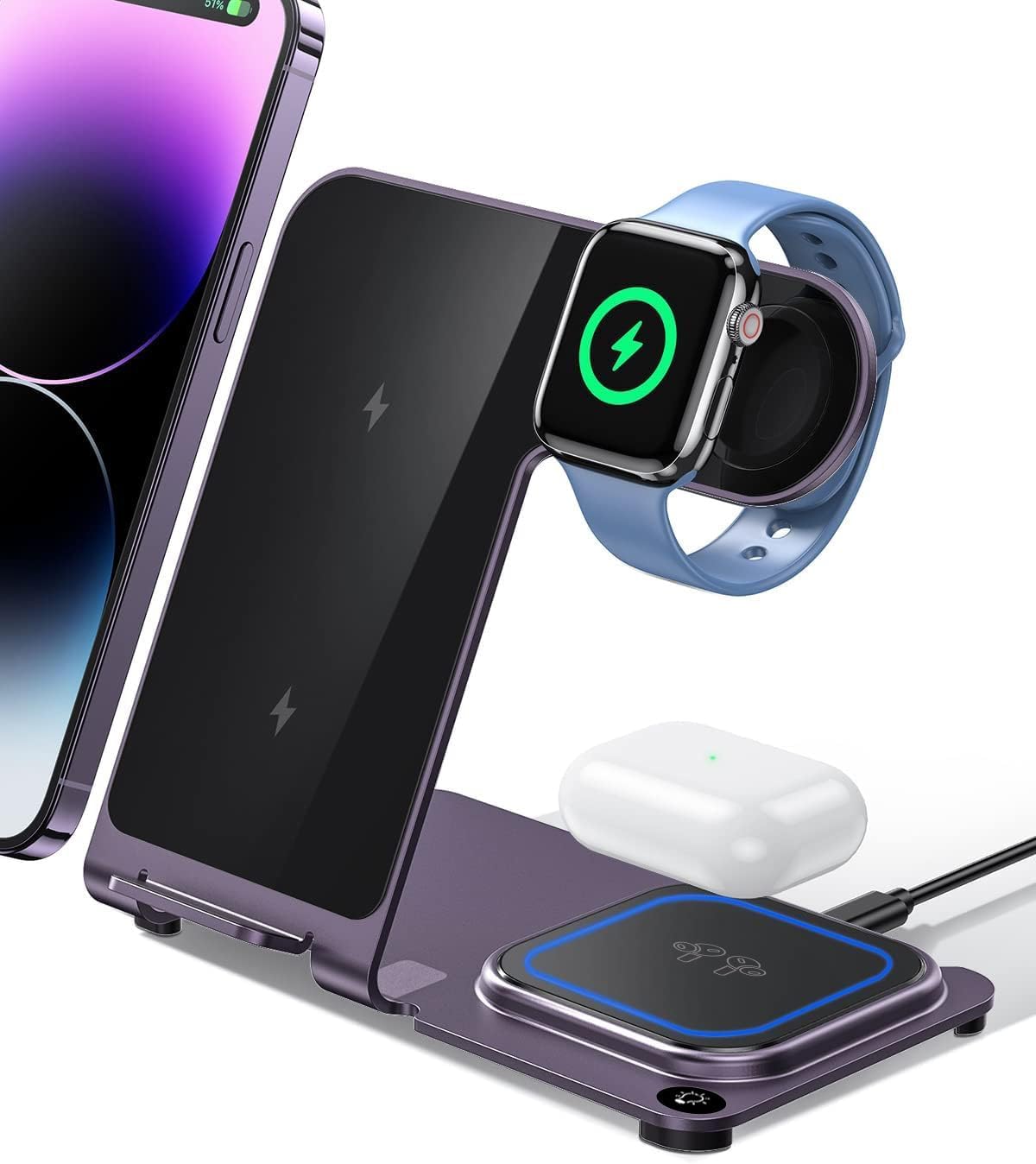 Intoval Metal Charging Station for iPhone 17/16/15/14/13/12/11/XS/XR/XS, 3 in 1 Wireless Charger for Apple Watch 11/Ultra 3/SE/10/9/8/7/6/5/4/3/2, for AirPods 4/Pro/Pro 2/3 (Y9,Purple)