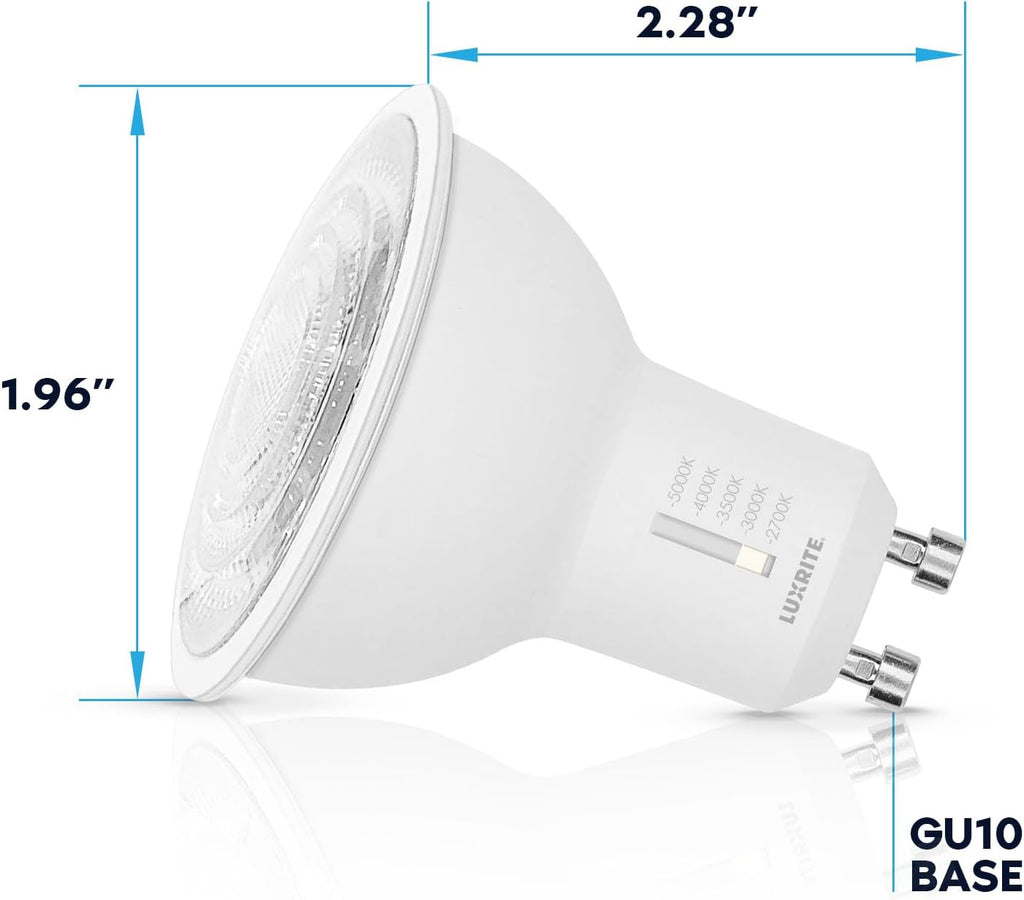 LUXRITE GU10 LED Bulbs Dimmable, 50W Halogen Equivalent, 5 Color Selectable 2700K-5000K, 6.5 Watt, 500 Lumens, 120V Spotlight LED Bulb GU10, Enclosed Fixture Rated (4 Pack)