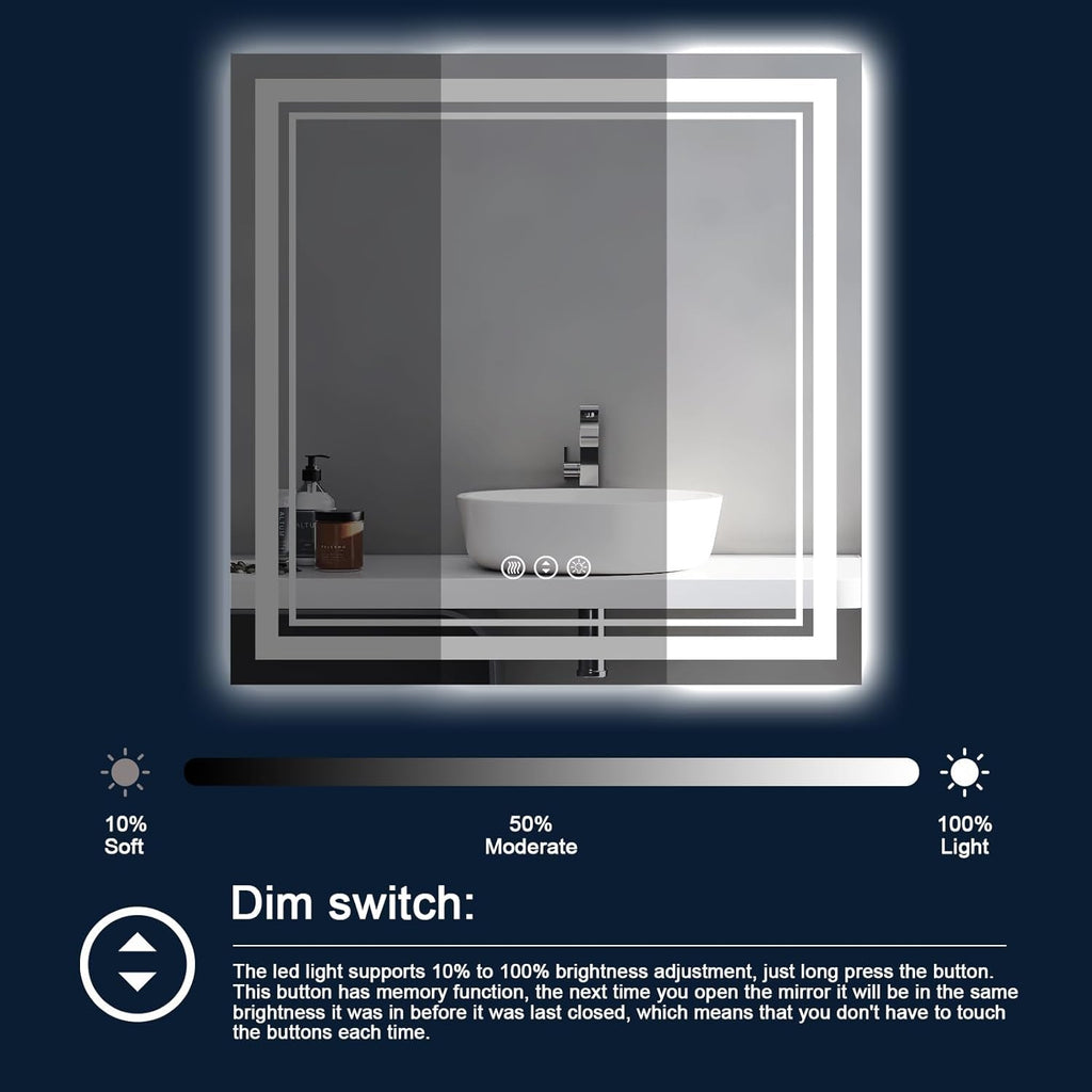 38x38 Inch LED Bathroom Mirror with Lights, Backlit and Front Lighted Bathroom Mirrors for Wall, Anti-Fog Dimmable Memory Shatterproof LED Vanity Mirror for Bathroom