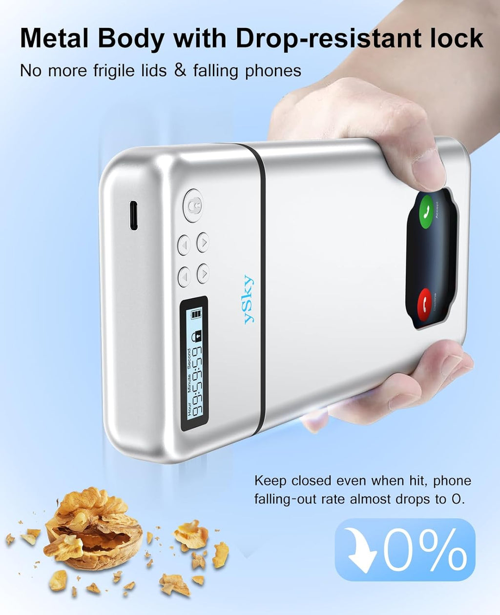 ySky Metal Phone Lock Box with Timer,Portable Timed Phone Lock Box for iPhone and Android Phones, Self-Control Timer Phone Locker to Help Kids,Students, Adults Focus Back, Phone Jail Box